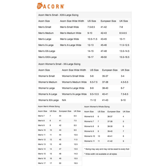 Acorn sizing chart showing men's and women's shoe sizes in US, European, and UK conversions