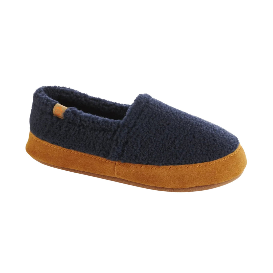 Navy slip-on moc slipper with tan suede sole
