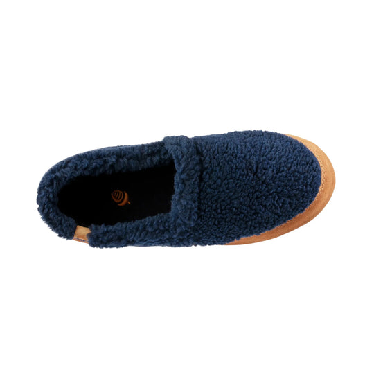 Navy plush slip-on moccasin slipper with tan rubber sole, shown from above