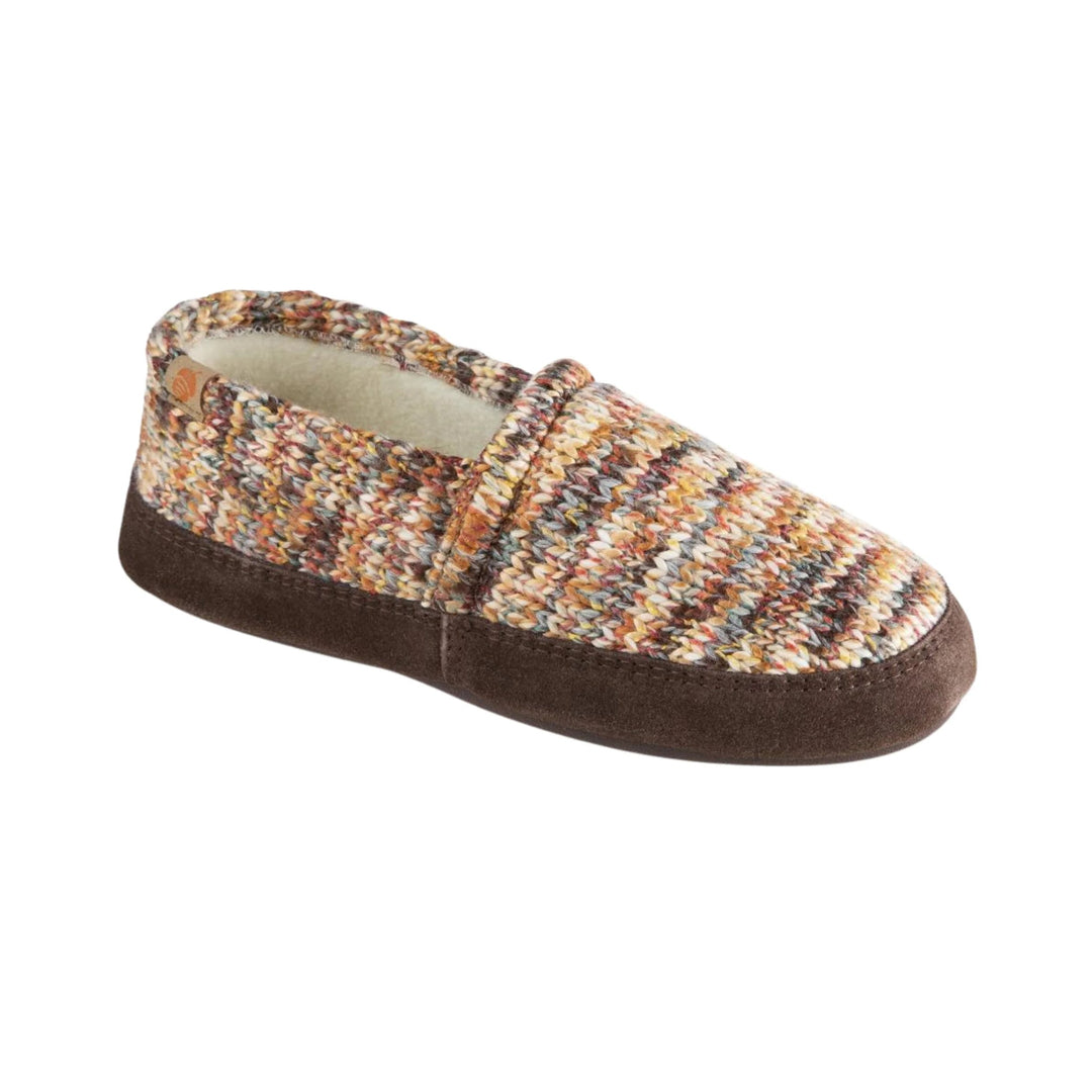 Multicolor knit moccasin slipper with a brown sole and fleece lining