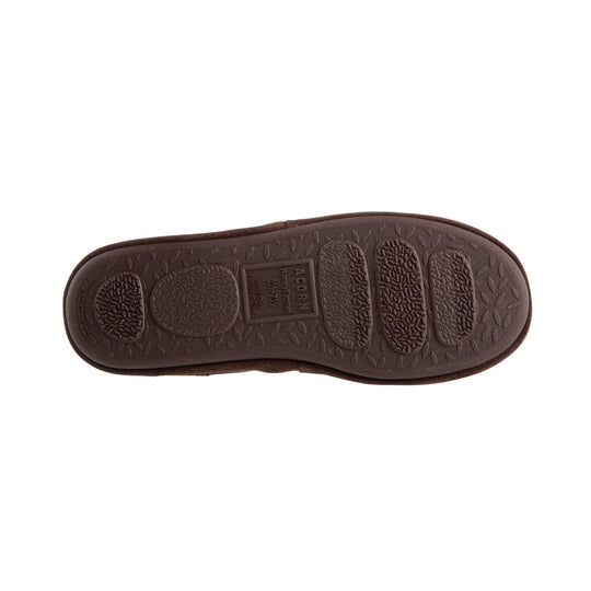 Brown slipper sole with textured tread and Acorn branding