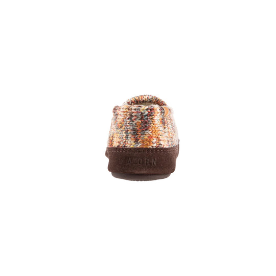 Multicolor knit moc slipper with brown suede heel and sole, shown from the back