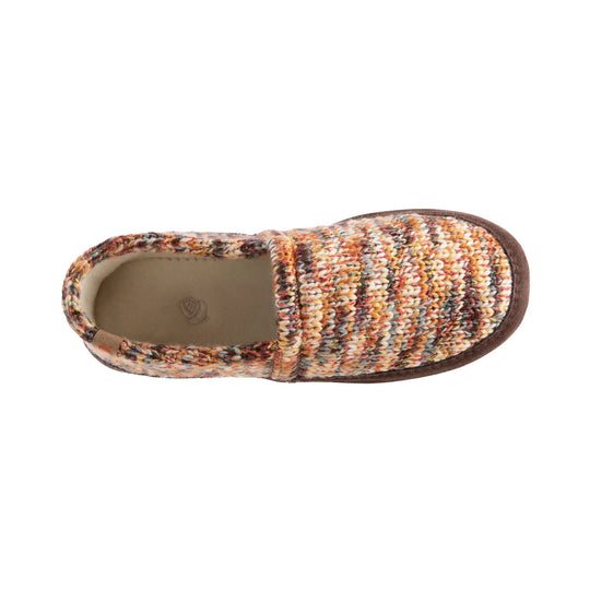 Multicolored knit moc slipper with brown trim and closed toe, shown from above
