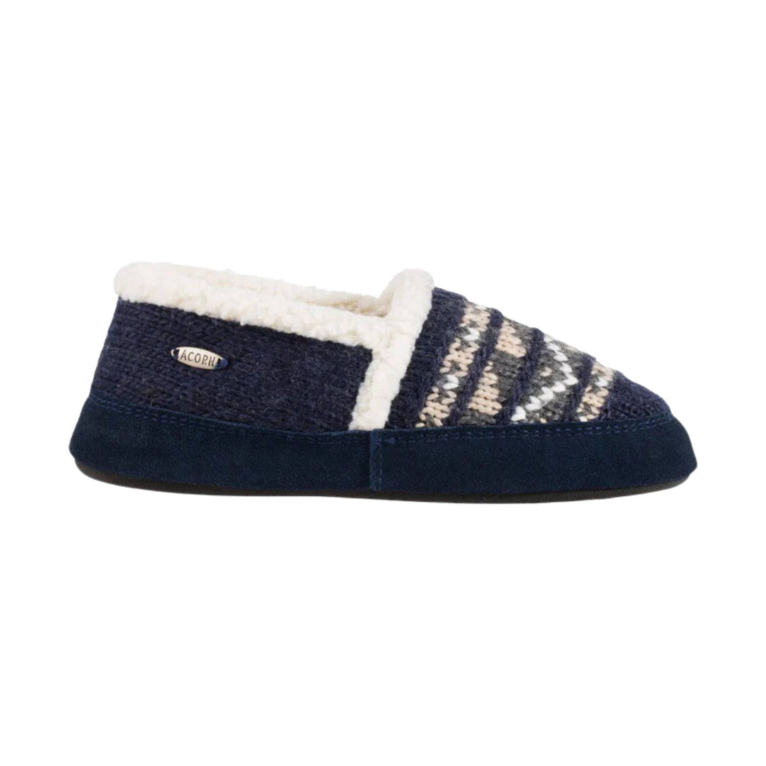 Navy knit slipper with cream sherpa trim and patterned toe