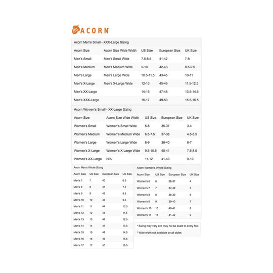 Acorn sizing chart showing men's and women's size conversions in US, European, and UK sizes