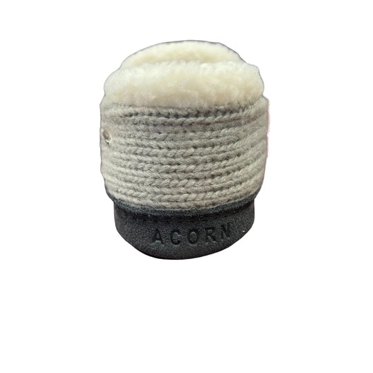 Gray knit slipper with cream faux-fur cuff and black sole