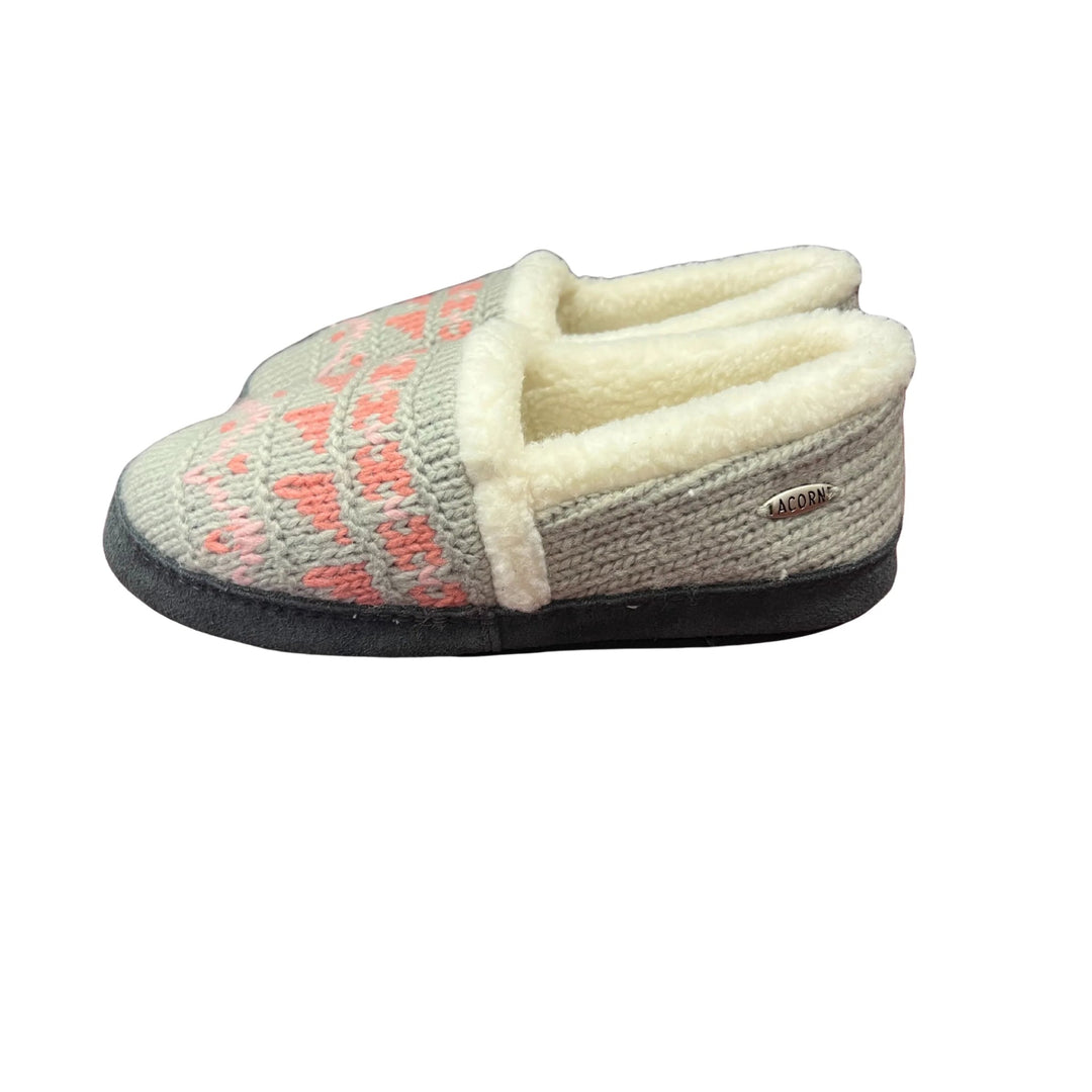 Gray knit slipper moc with cream faux-fur lining and dark sole