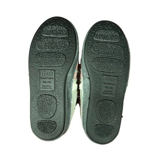 Pair of dark green slipper soles with traction pads and ACORN size label