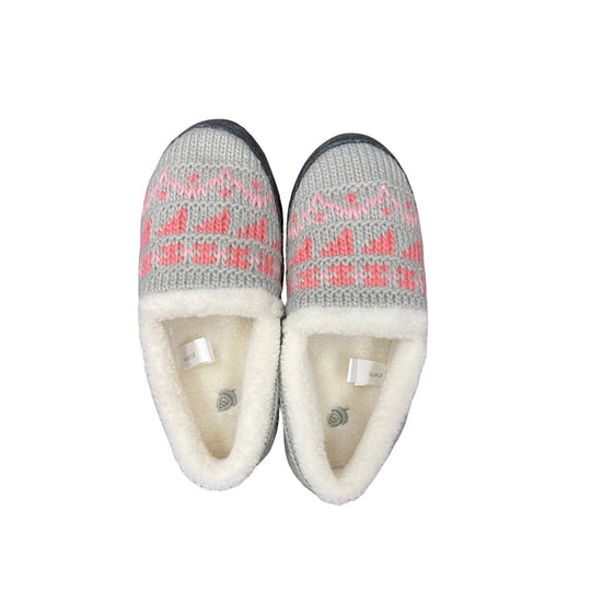 Gray knit slippers with pink geometric pattern and white faux fur lining, top view