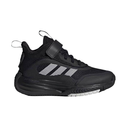 Black mid-top athletic sneaker with white side stripes, mesh upper, and a hook-and-loop strap