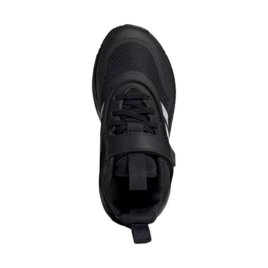 Black athletic kids' sneaker with mesh upper, laces, and a top hook-and-loop strap
