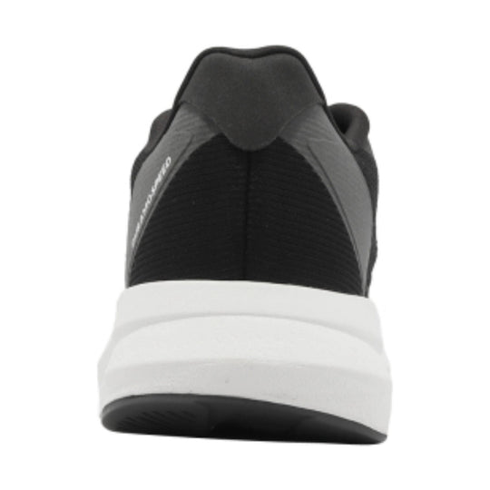 Black athletic shoe with a thick white midsole, shown from the back