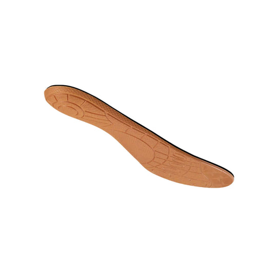 Brown orthotic shoe insole with tread pattern, shown from the underside