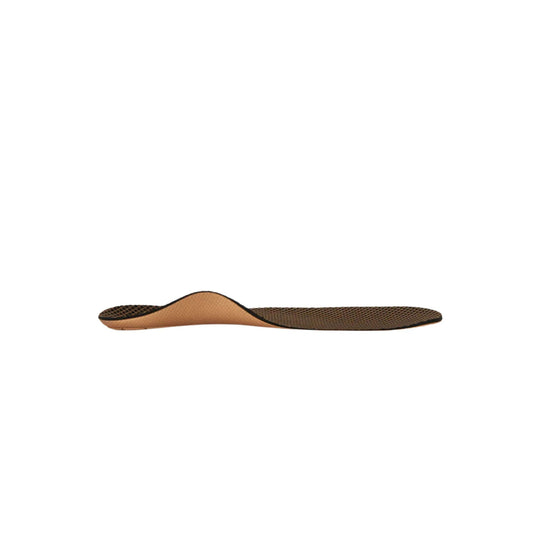 Tan and brown orthotic shoe insole shown in side profile with raised arch support