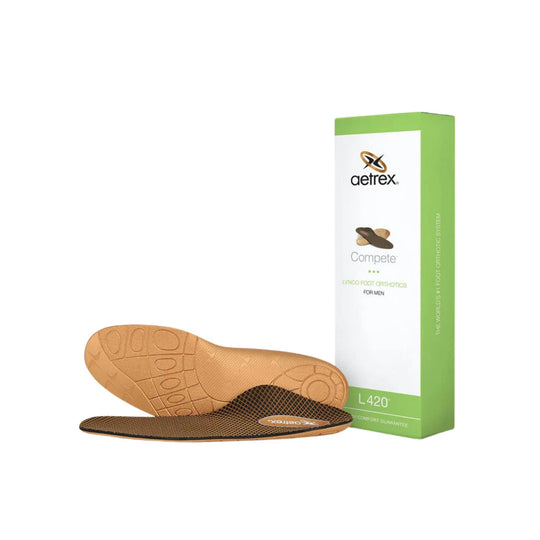 Pair of brown shoe insoles with a Catrex packaging box on a white background
