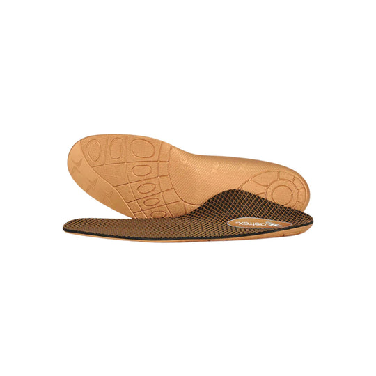 Brown shoe insole with textured surface on a white background