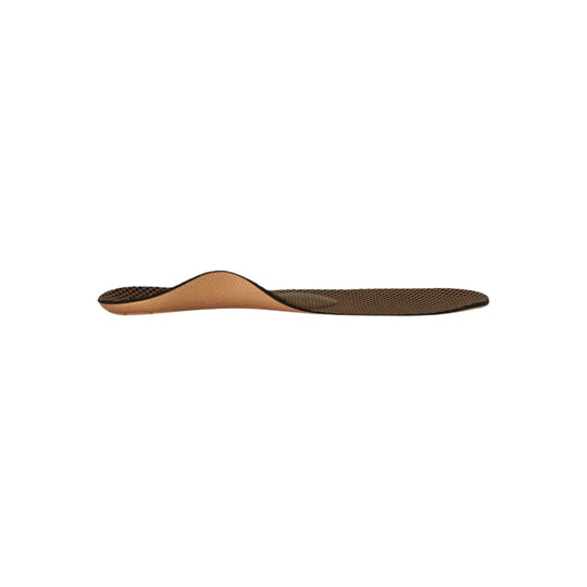 Brown mesh orthotic insole with a raised metatarsal support and black trim, shown in side profile