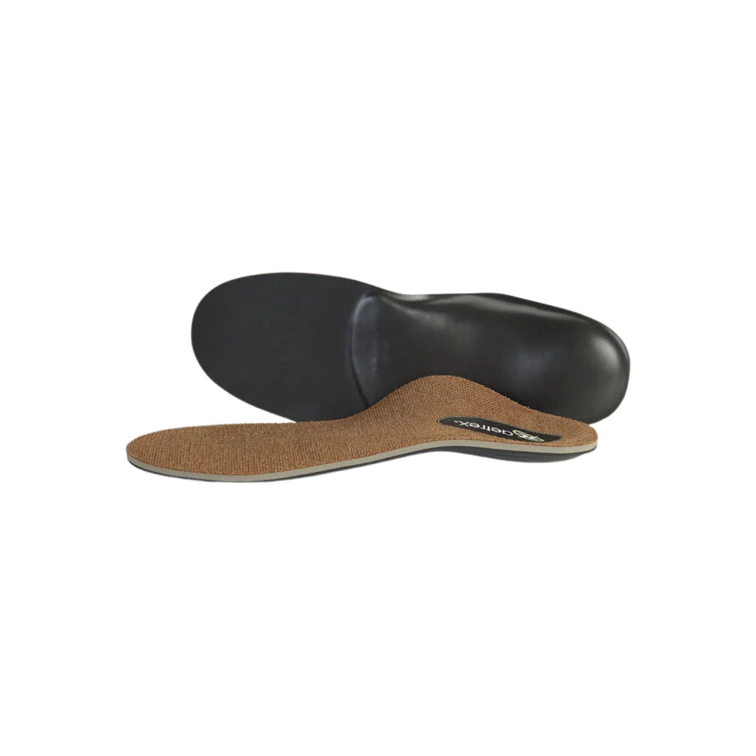 Black orthotic insoles with tan textured top layer shown in stacked side view