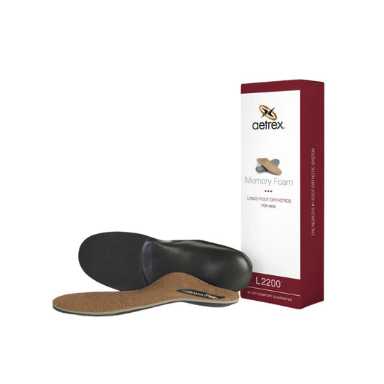 Orthotic insoles with black and tan layers beside an L2200 box