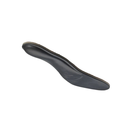 Black contoured shoe insole with a curved profile and textured tan edge