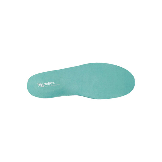 Teal orthotic insole with printed Aetrex logo