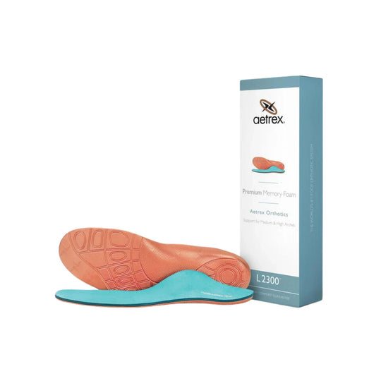 Blue and orange orthotic insoles with packaging box, showing aetrex and L2300 text