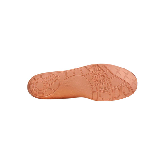 Tan contoured shoe insole with textured arch support and tread pattern on the bottom