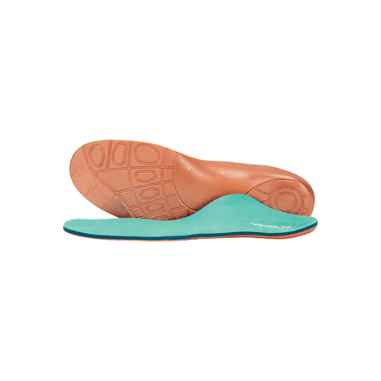 Teal foam orthotic insoles with brown contoured arch support
