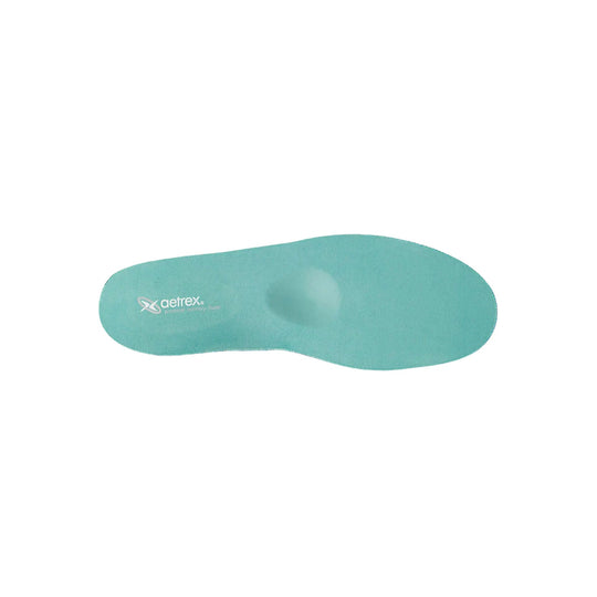 Teal contoured shoe insole with visible arch support and Aetrex logo