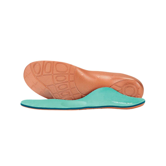 Turquoise and brown orthotic insoles with contoured arch support, shown top and underside