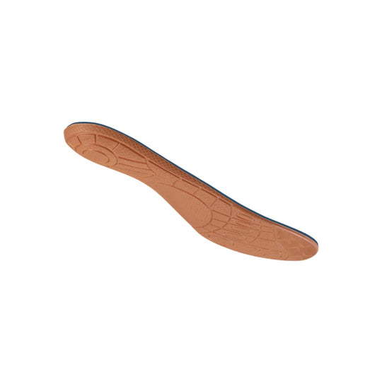 Tan orthotic insole with blue trim, shown from the underside