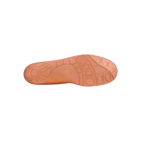 Peach-colored shoe insole or orthotic with patterned tread underside