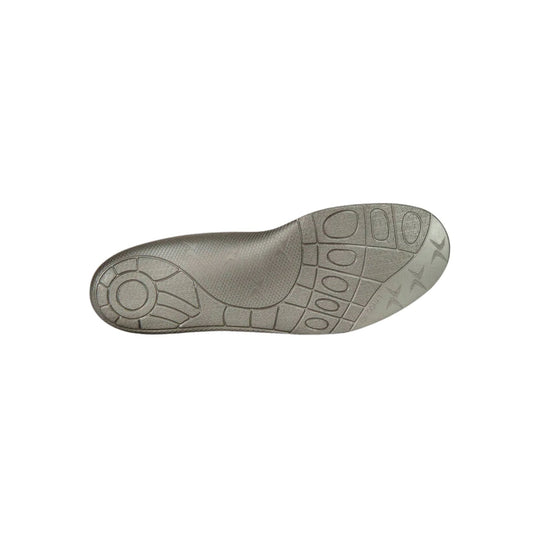 Gray contoured shoe insole with textured tread and segmented support zones