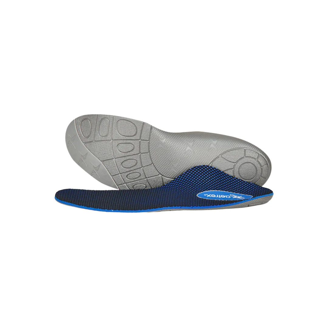 Blue and black orthotic insoles shown top and bottom, with gray textured outsole and Aetrex logo on the heel area.