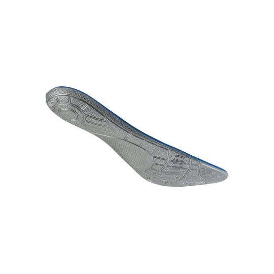 Gray molded shoe orthotic insert with blue edge, shown from the underside