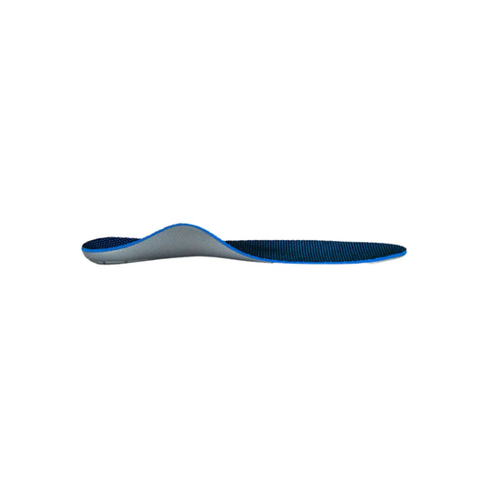Blue and gray full-length shoe insole with a raised arch support