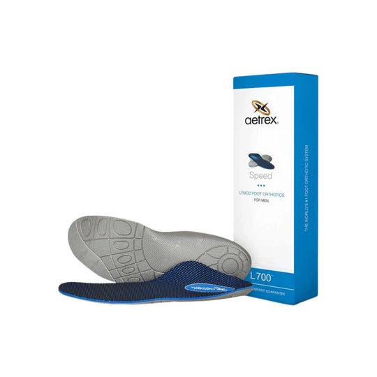 Blue and gray running orthotic insoles shown with packaging box