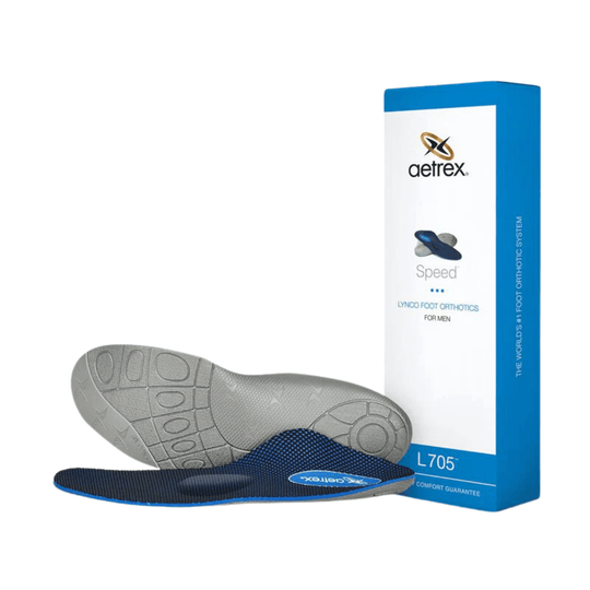 Blue and gray orthotic insoles shown beside an Aetrex L705 box