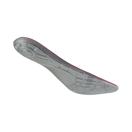 Gray orthotic insole with a pink edge, shown from the underside