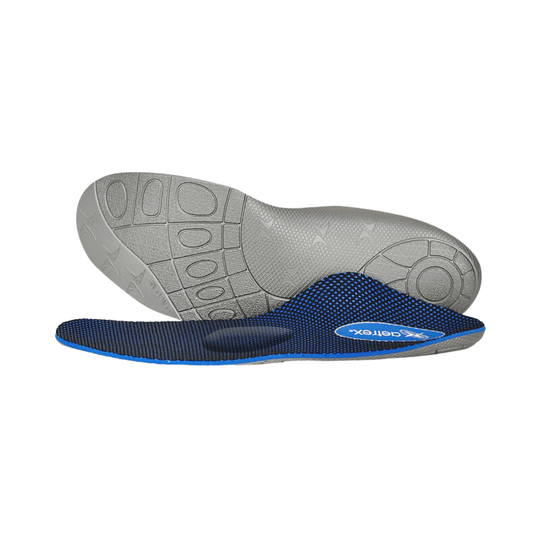 Pair of blue and black orthotic insoles with gray treaded soles