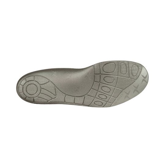 Gray shoe outsole with segmented tread and circular heel pod