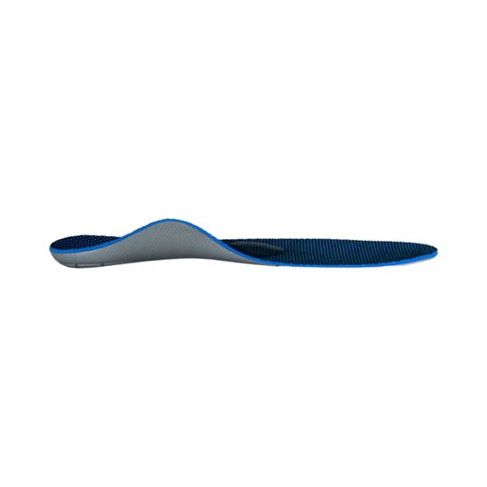 Blue and gray orthotic shoe insole with a raised metatarsal arch and textured top surface, shown in side view