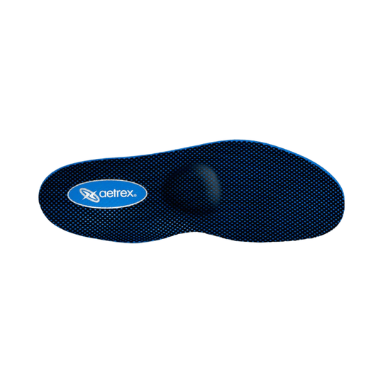 Blue contoured orthotic insole with black dotted texture and Aetrex logo