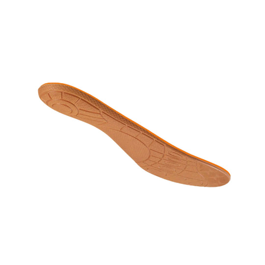 Orange shoe insole with textured tread pattern, shown from the underside at an angle.