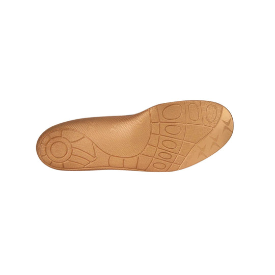 Tan orthotic shoe insole with molded arch support and patterned outsole tread