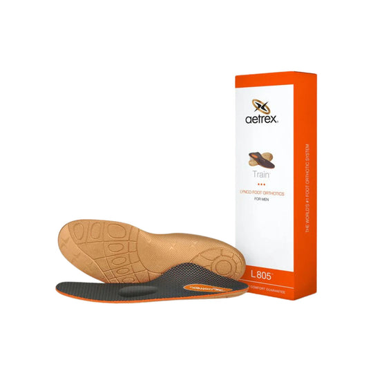 Orthotic insoles with one tan textured sole and one dark gray insole beside an orange-and-white Aetrex box