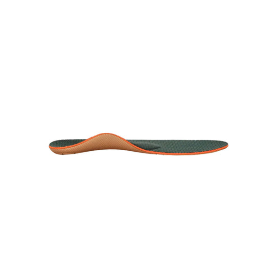 Orthotic insole with dark green top, tan contoured arch support, and orange trim shown in side profile