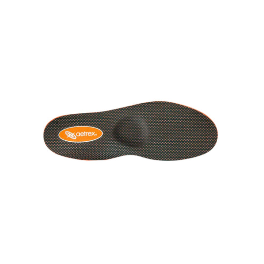 Black and orange orthotic insole with a visible aetrex logo