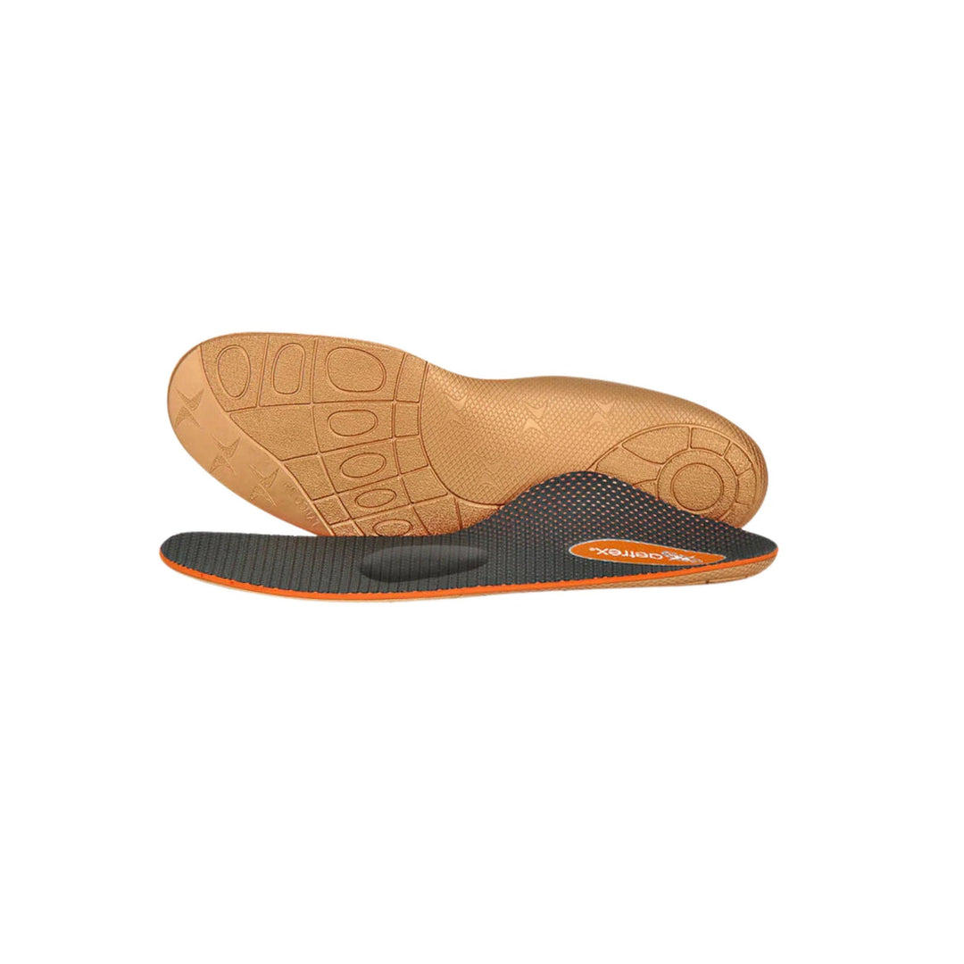Pair of orthotic insoles, one showing the tan treaded underside and one showing the dark top with orange trim