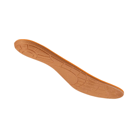 Orange contoured shoe orthotic insert shown from the underside